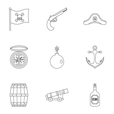 Korsanlar öznitelikleri simge seti, anahat stili