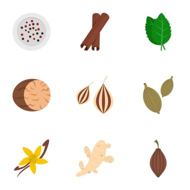 Baharat ve otlar Icon set. Düz beyaz arka plan üzerinde izole web için 9 baharat ve otlar vektör simge kümesi