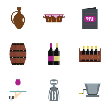 Şarap üretimi simge seti, düz stil
