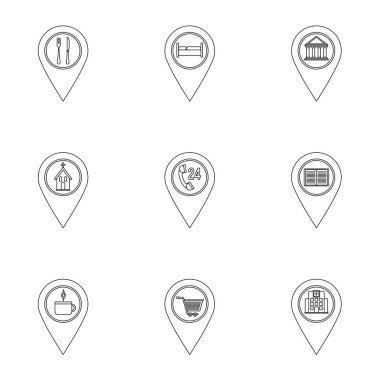 GPS pimleri simge seti, anahat stili