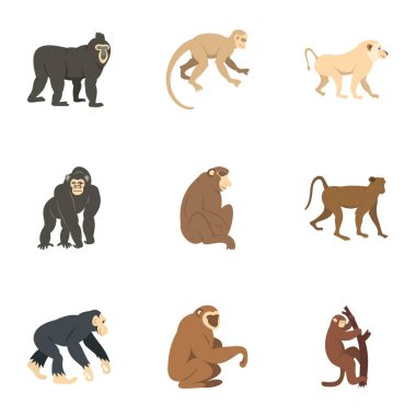Farklı maymun simge seti, düz stil