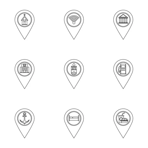 Conjunto de ícones de pinos de viagem, estilo de contorno — Vetor de Stock
