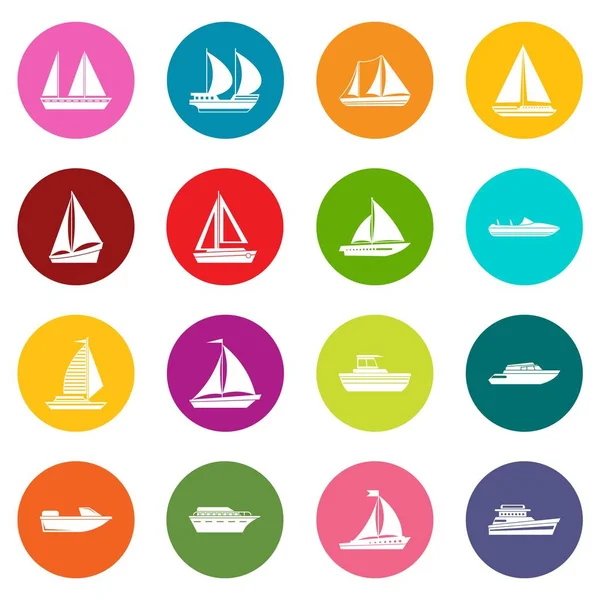 Barca e nave icone molti colori impostati — Vettoriale Stock