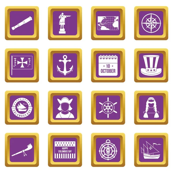Conjunto de iconos Día de Colón púrpura — Vector de stock