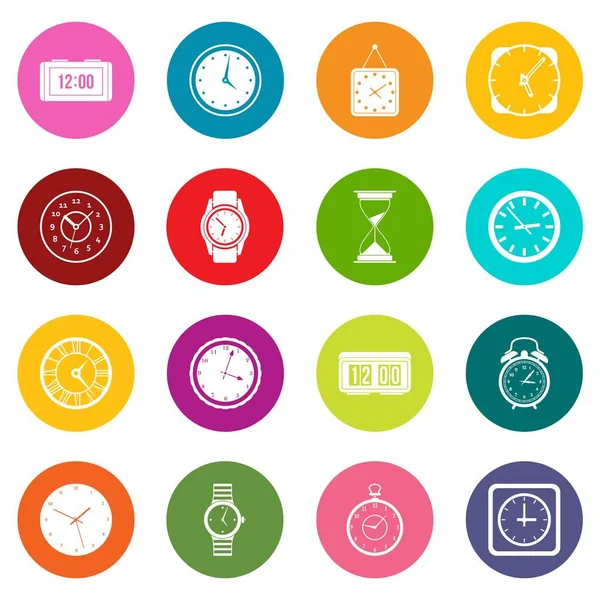 Iconos de tiempo y reloj muchos colores establecidos — Vector de stock