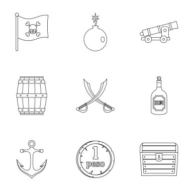 Korsanlar simge seti, anahat stili hazine