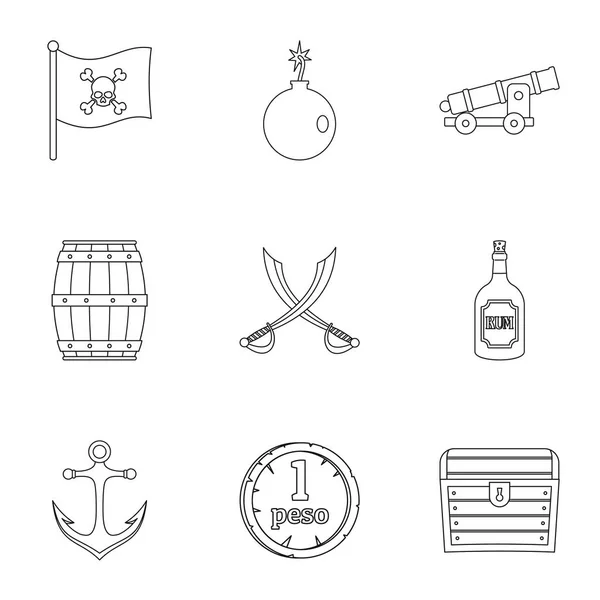 Пиратский набор значков сокровищ, стиль набросков — стоковый вектор