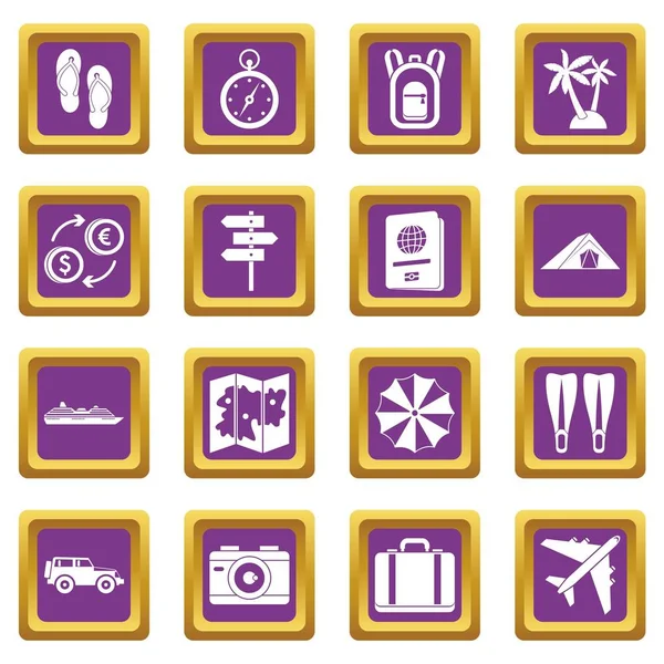 Conjunto de iconos de viaje morado — Vector de stock
