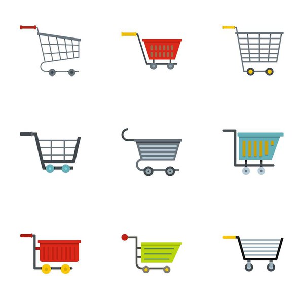 Shop wheel cart icon set, flat style