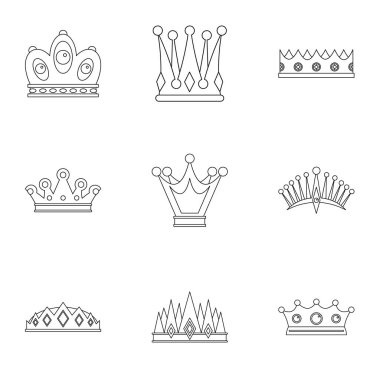 King crown icon set, outline style clipart