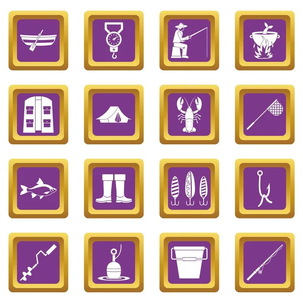 Herramientas de pesca iconos conjunto púrpura — Vector de stock