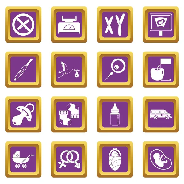 Embarazo símbolos iconos conjunto púrpura — Vector de stock