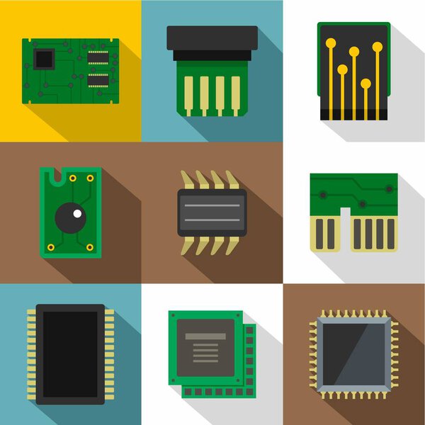 Chip icons set, flat style