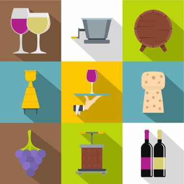 Şarap dükkanı Icons set, düz stil