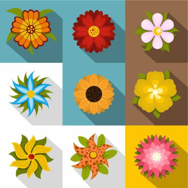 Farklı çiçekler Icons set, düz stil