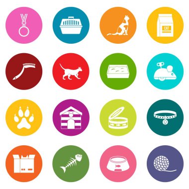 Cat care tools icons many colors set isolated on white for digital marketing clipart