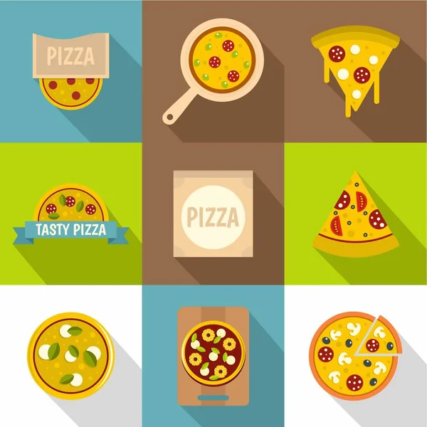 Pizza sklep zestaw ikon, płaski — Wektor stockowy