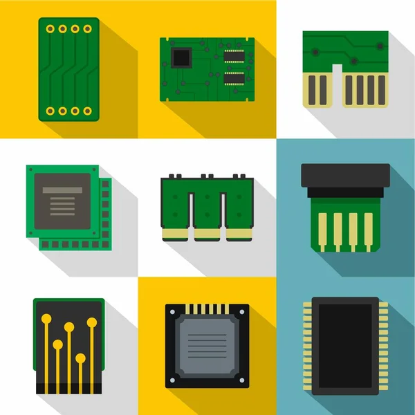 Tipos Ícones Chip Definido Conjunto Plano Tipos Ícones Vetoriais Chip — Vetor de Stock