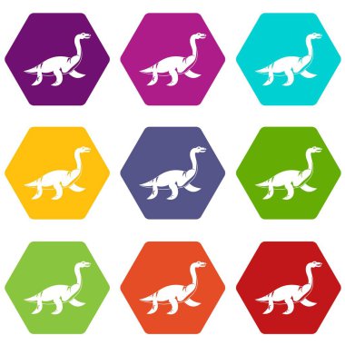 Renk altı yüzlü Elasmosaurine dinozor Icon set
