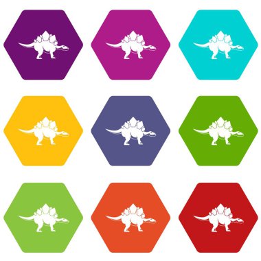 Renk altı yüzlü Stegosaurus dinozor Icon set