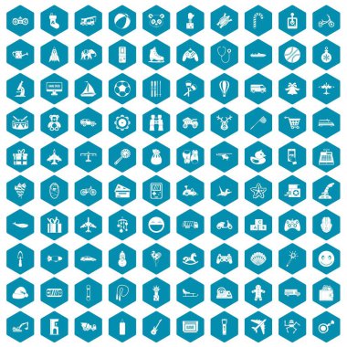 Çocuklar simgeler için 100 oyuncaklar sapphirine altıgen izole vektör çizim ayarla