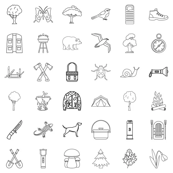 Conjunto de iconos de senderismo, estilo de esquema — Vector de stock