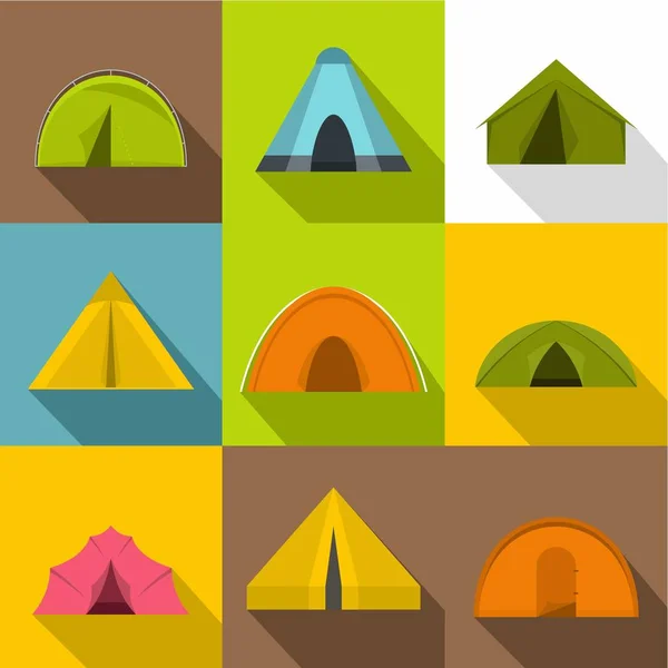 Camp tent icons set. Flat set of 9 camp tent vector icons for web with long shadow