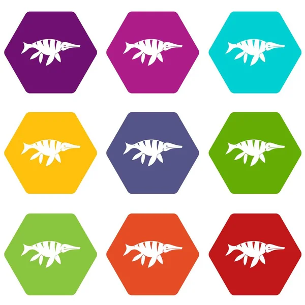Juego de iconos de dinosaurio acuático hexaedro de color — Vector de stock