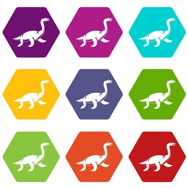 Elasmosaurine pictogrammenset dinosaur kleur hexahedron — Stockvector