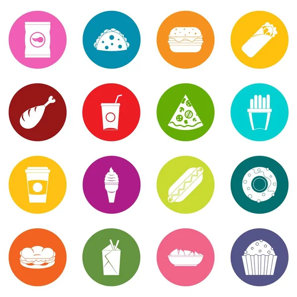 Iconos de comida rápida muchos colores establecidos — Vector de stock