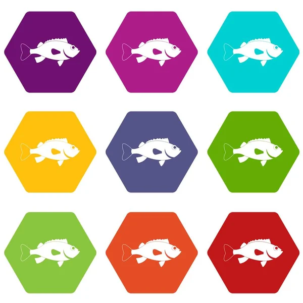 Icono de pescado de lubina establecer hexaedro de color — Vector de stock