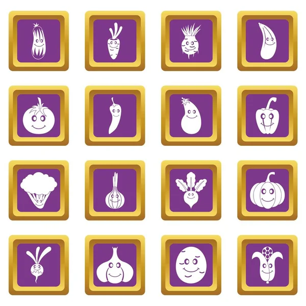 Conjunto de iconos de verduras sonrientes púrpura — Vector de stock