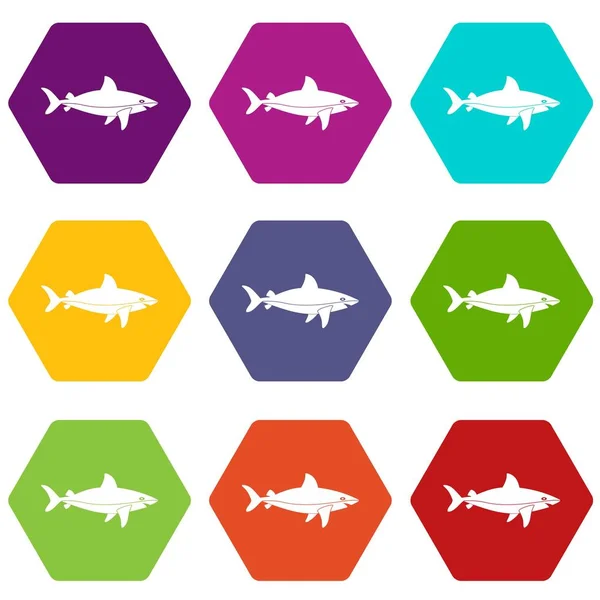 Shark fish icon set color hexaedro — Vector de stock