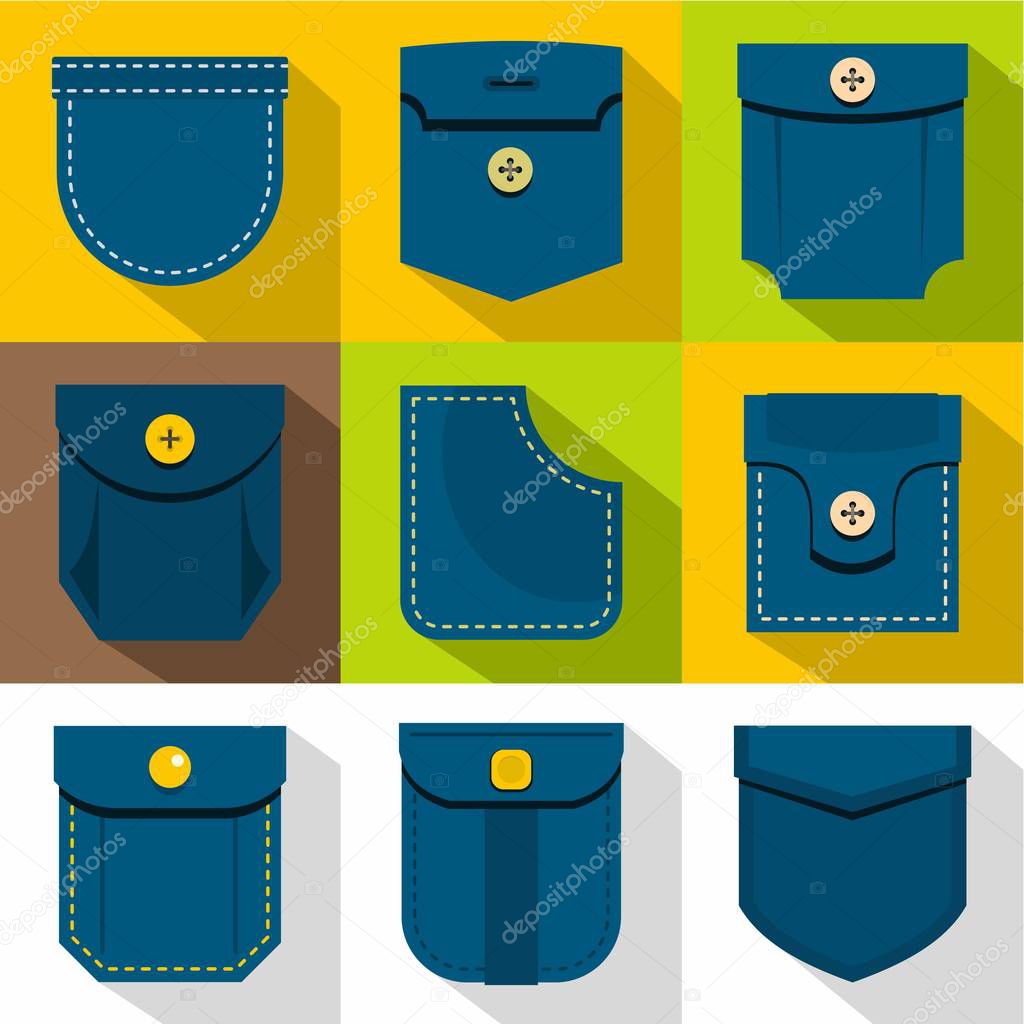 Man pocket icons set. Flat set of 9 man pocket vector icons for web with long shadow