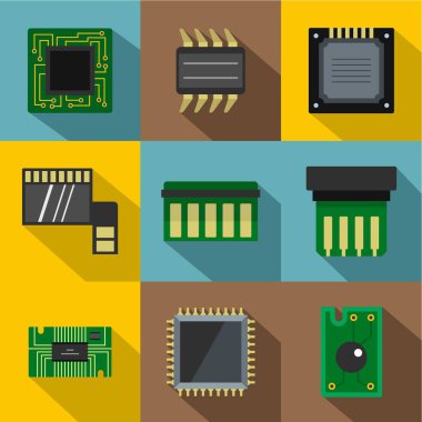 Teknoloji çip Icons set, düz stil