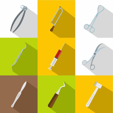 Cerrah ekipmanları Icons set, düz stil