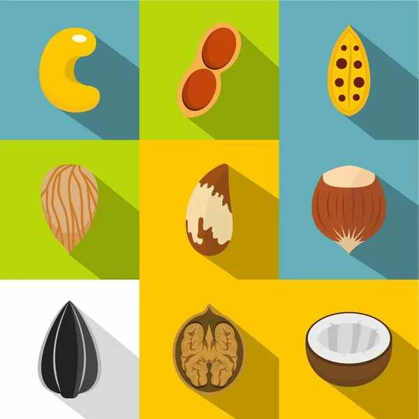 Conjunto de iconos de frutos secos comestibles, estilo plano — Vector de stock