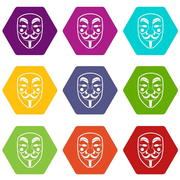 Vendetta mask icon set color hexahedron — Stock Vector