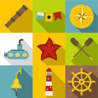 Deniz parti Icons set, düz stil