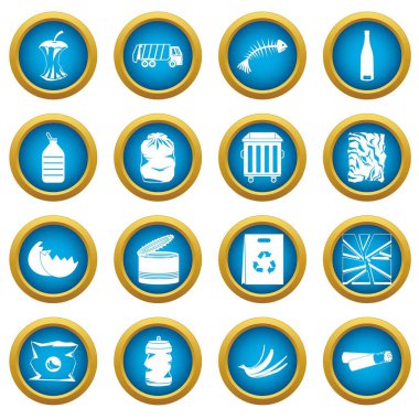 Atık ve çöp simgeleri mavi daire seti