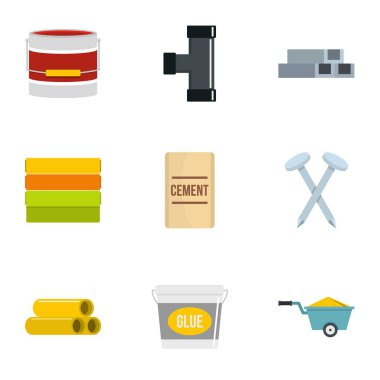 Construction material icon set, flat style clipart