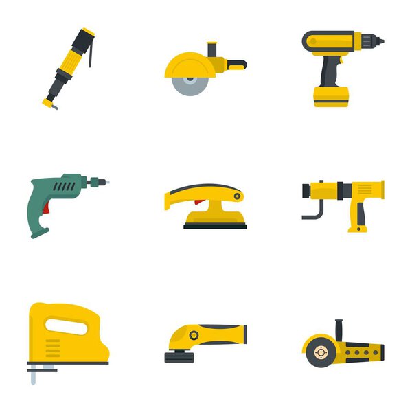 Construction tool icon set, flat style