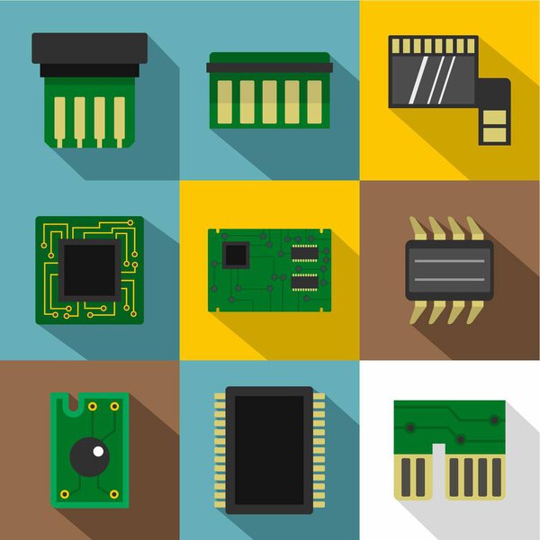 Microchip icons set, flat style