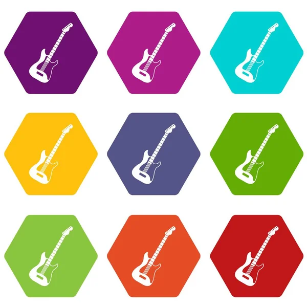 Akustische Gitarre Icon Set Farbe Hexaeder — Stockvektor