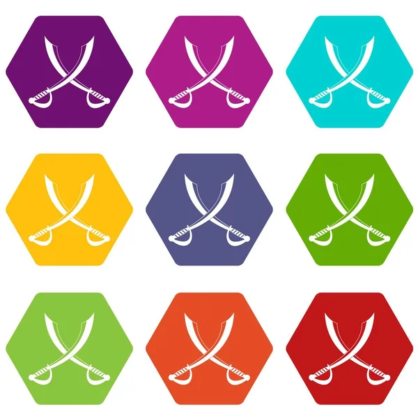 Cruzado sables icono conjunto hexaedro color — Vector de stock