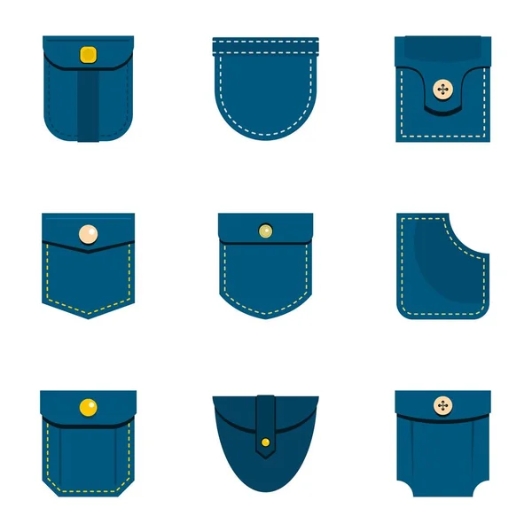 Jeans conjunto de ícone de bolso, estilo plano — Vetor de Stock