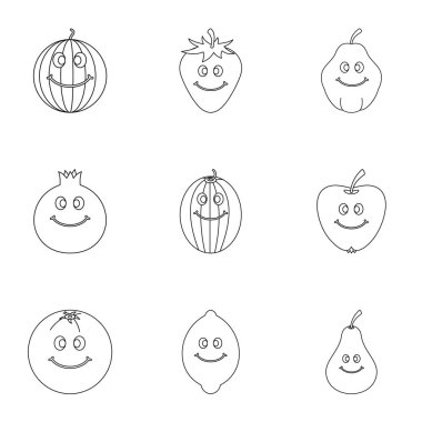 Meyve karakteri simge seti, anahat stili
