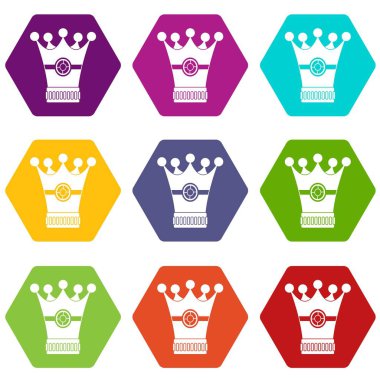 Renk altı yüzlü Ortaçağ taç Icon set