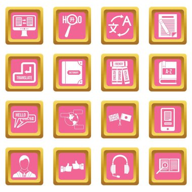 Pembe renk izole vektör çizim web ve herhangi bir tasarım için belirlenen yabancı dil simgeleri öğrenme