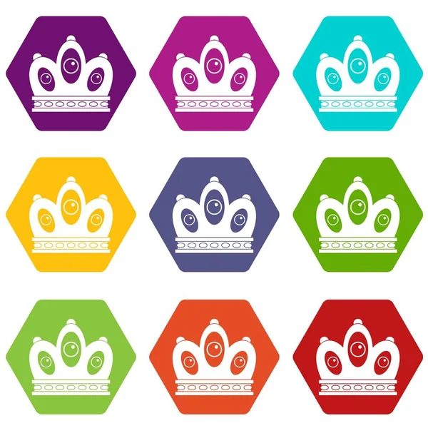 Reine couronne icône ensemble couleur hexaèdre — Image vectorielle